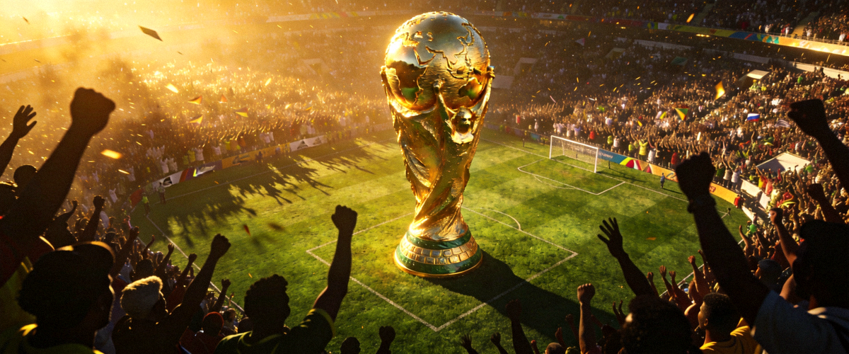 世界杯决赛赛场全景，绿色草坪上巨大的世界杯奖杯与欢呼的球迷剪影